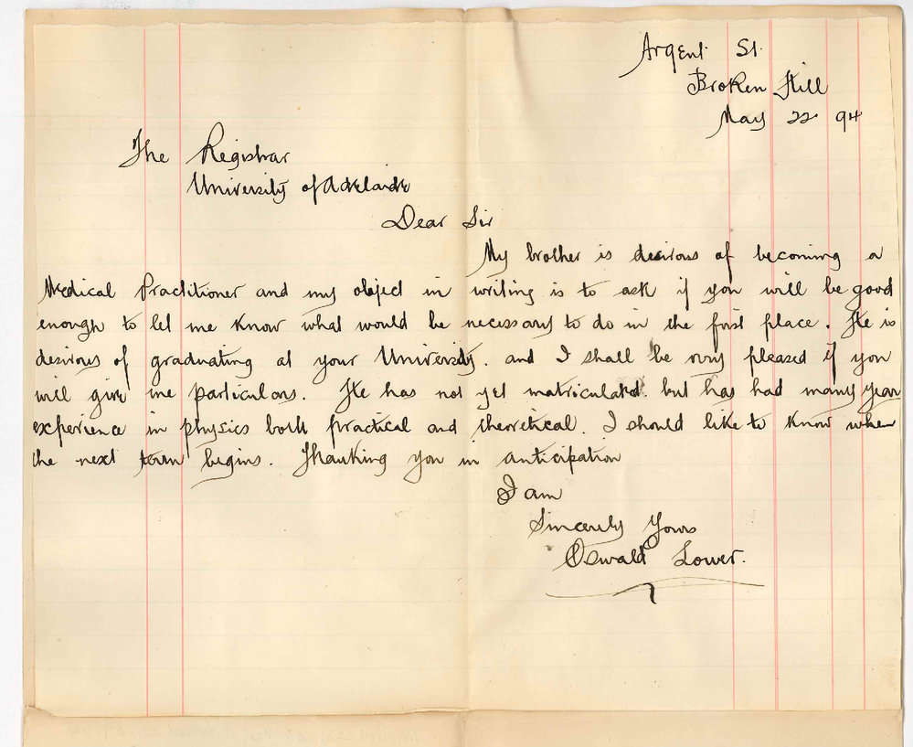 Oswald Lower - Argent Street Broken Hill - Information regarding medical course for brother