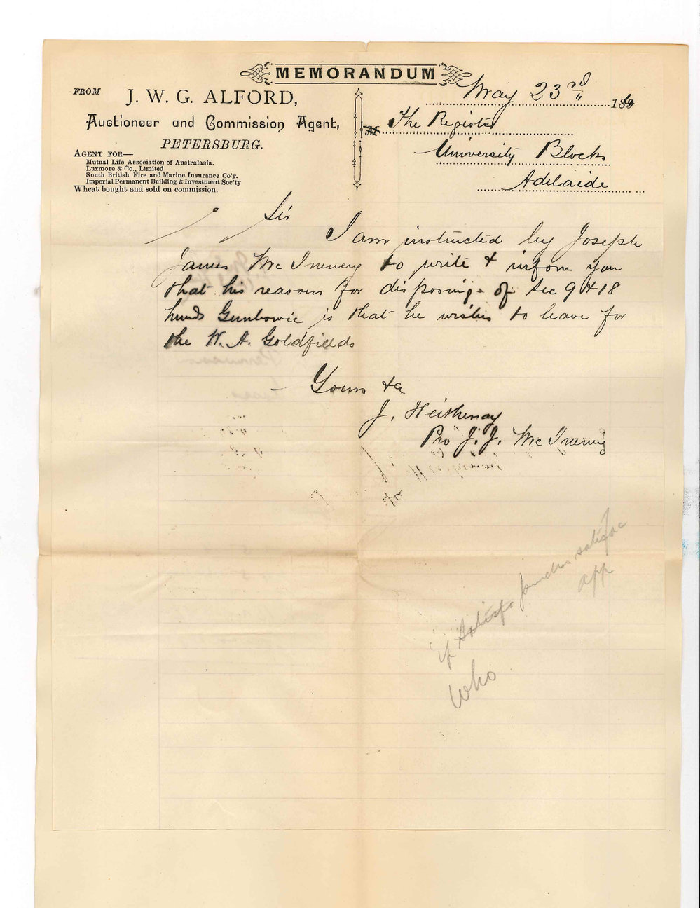Joseph James McInerney per J Heithersay - Agent - Petersburg - Permission to dispose of leases