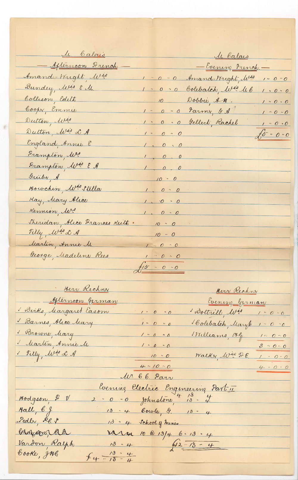 Registrar - List of Students and fees French German and Electric Engineering Part 2 for First Term