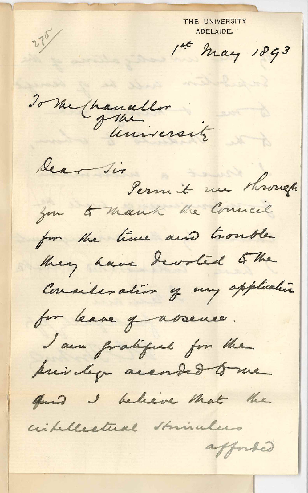 Dr Edward Charles Stirling - The University - Thanks Council for granting him leave of absence to join the Horn Expedition to the MacDonnell Ranges
