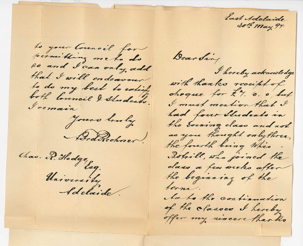 A F Rechner - East Adelaide - Number of Evening Class Students attending German Lectures - Thank Council for resolution to continue Class