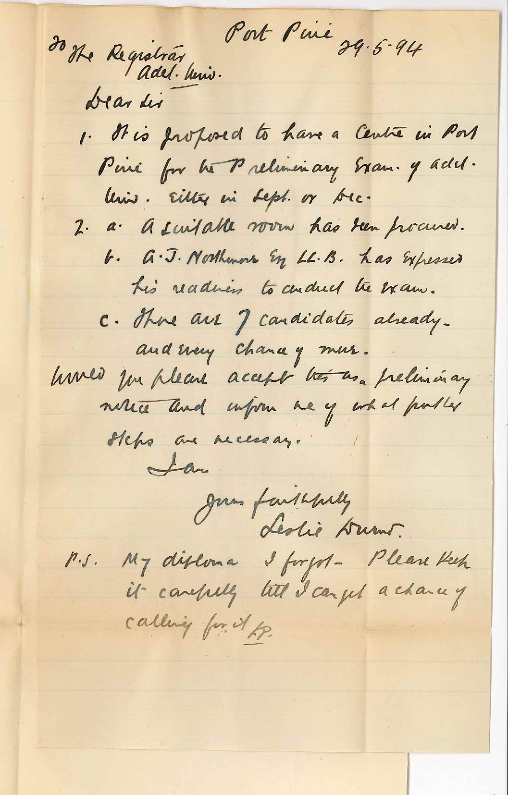 The Reverend Leslie Durno - Port Pirie - Preliminary Examination at Port Pirie etc Requesting