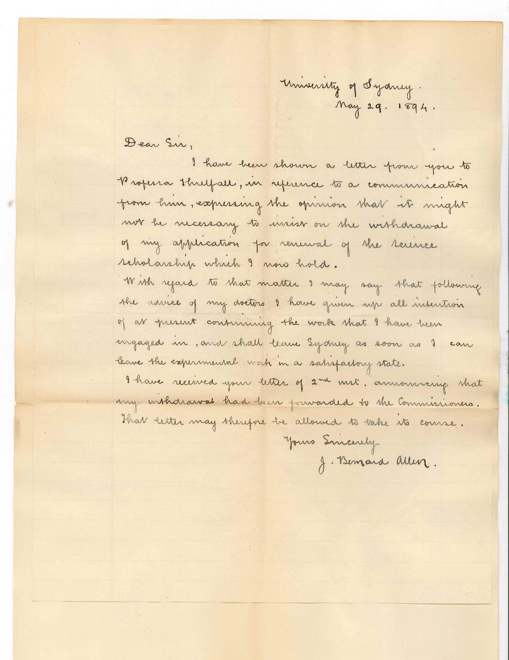 James Bernard Allen - University of Sydney - Given up all intention of continuing studies at present