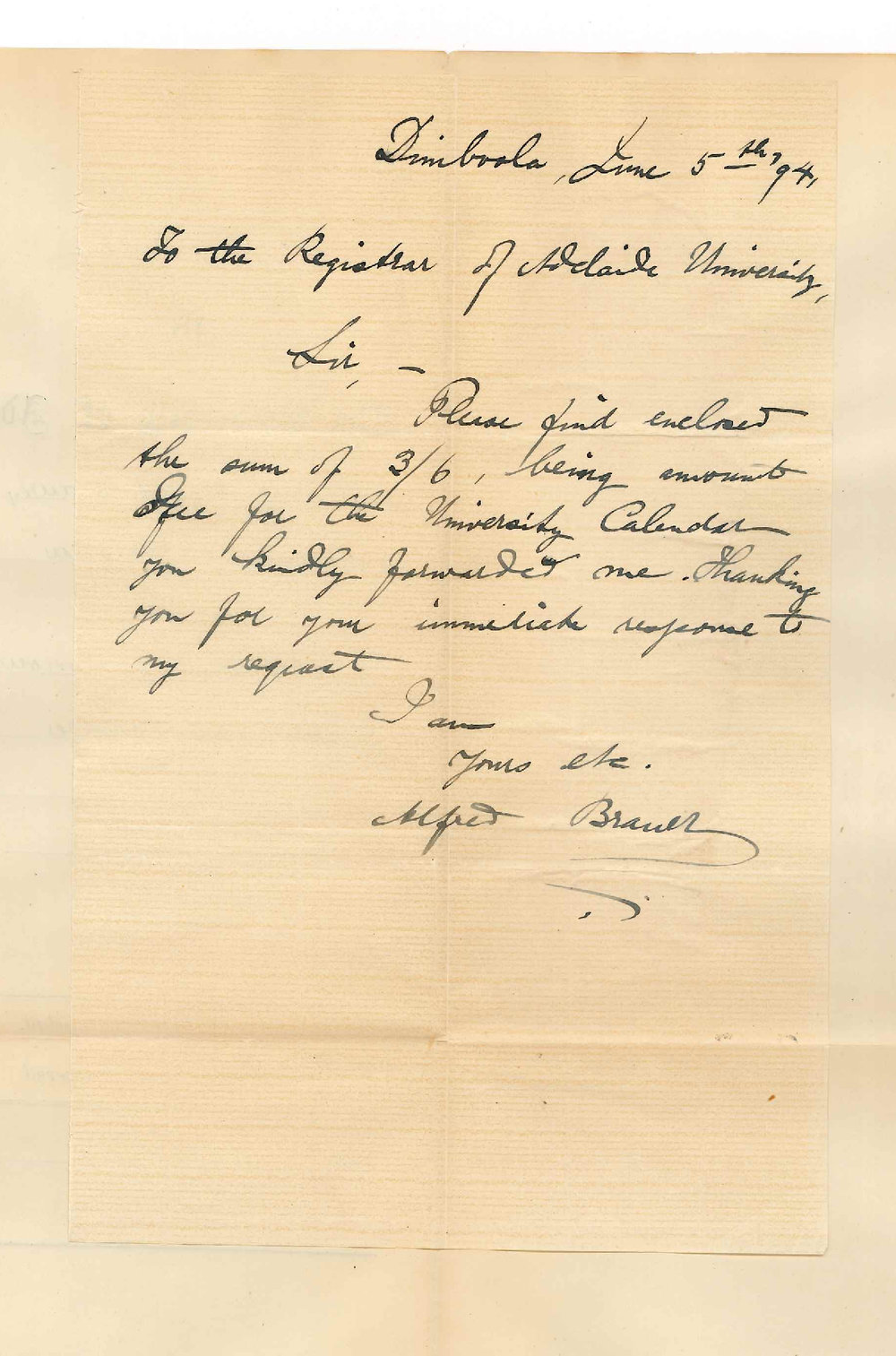 Reverend Alfred Brauer - Dimboola Victoria - Forwards 3/6 - amount due for Calendar and Postage