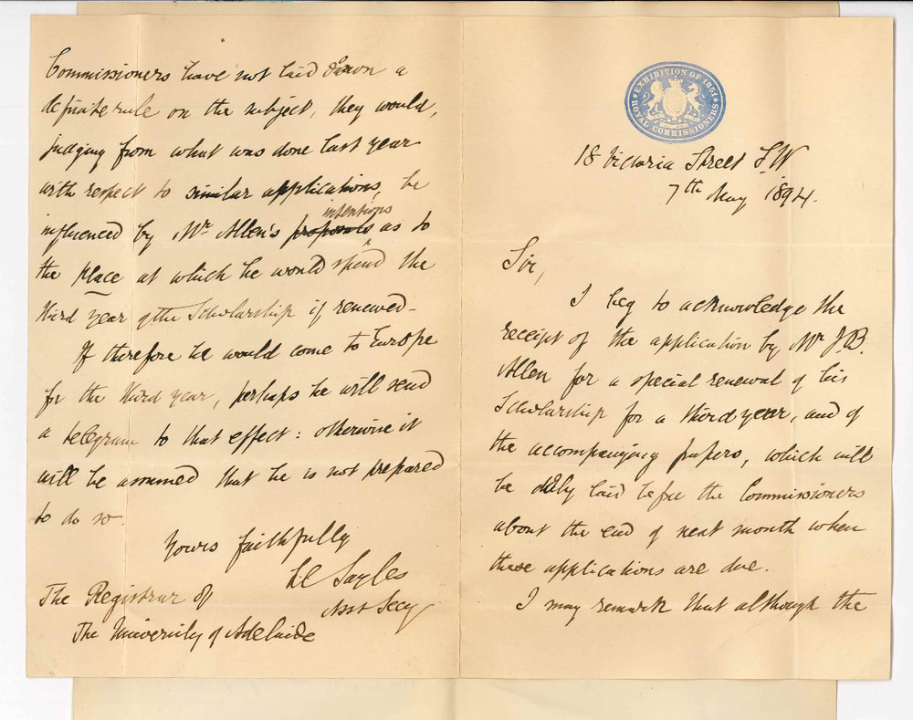 Commissioners Exhibition of 1851- 18 Victoria Street London - Re renewal of Science Scholarship for a 3rd year Transfer to Europe etc for James Bernard Allen