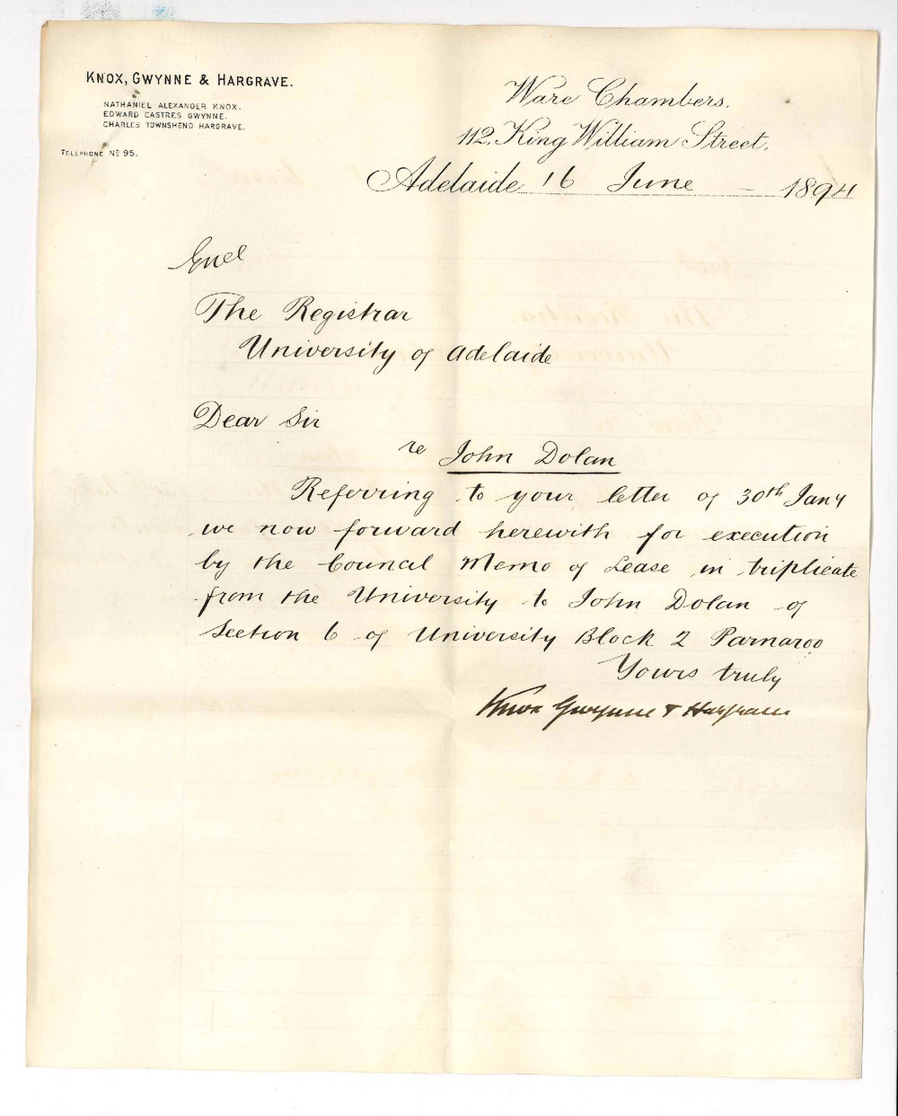 Knox Gwynne and Hargrave - Ware Chambers - King William Street - Forwarding leases for execution by Council