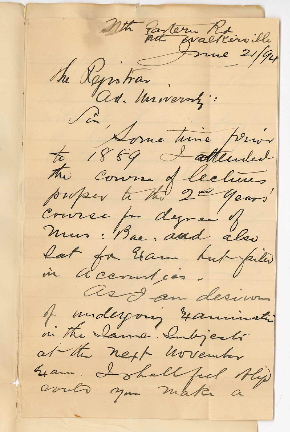 Jeffrey Bruer - North Eastern Road Near Walkerville - Wishes to sit for 2nd years Music Baccalaureaue Exam - also reduction in fee to attend acoustic lectures only