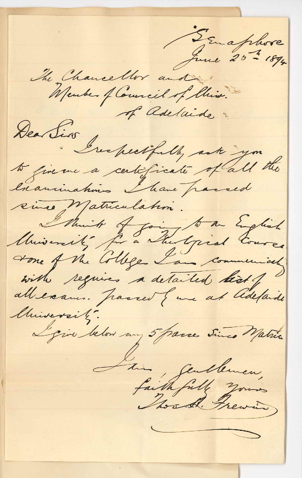 Thomas Hugh Frewin - Semaphore - Requests certificates of all Examinations passed - BA and MA Degrees