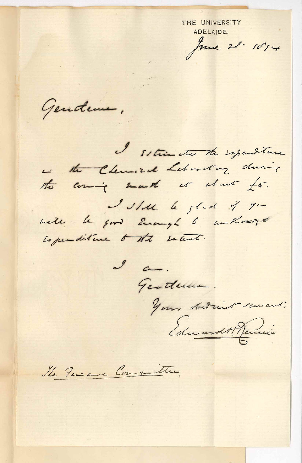 Professor Edward Henry Rennie - The University - Estimate of expenditure for July 1894