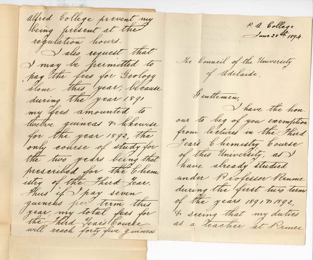 James Drinkwater Iliffe - Prince Alfred College - Kent Town - Requests exemption from third years Chemistry lectures and fees