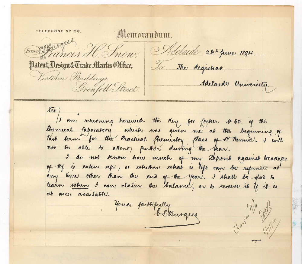 Charles Stanley Burgess - FH Snow and Company  - Victoria Buildings Grenfell Street Adelaide - Refund of Evening Class Chemistry Deposit Fee