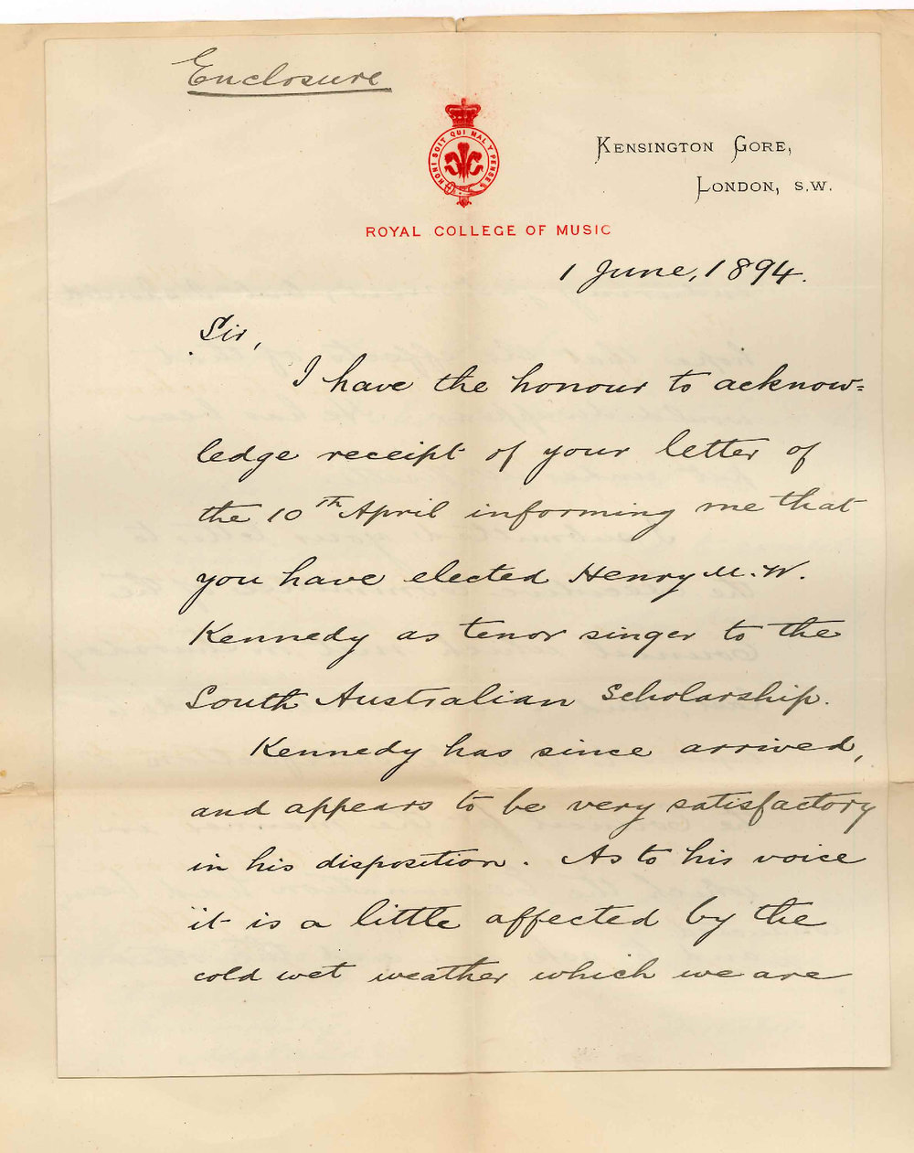 George Grove - Director - Royal College of Music - Kensington Gore London SW - Arrival of Scholar etc