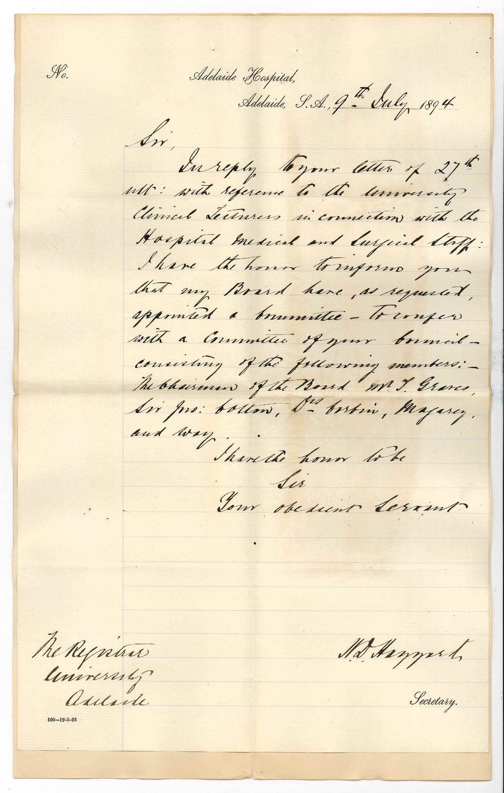 H D Haggard - Secretary - Adelaide Hospital - Appointment of Committee to confer with a Committee of the Council regarding Clinical Lecturers and their connection with the Hospital