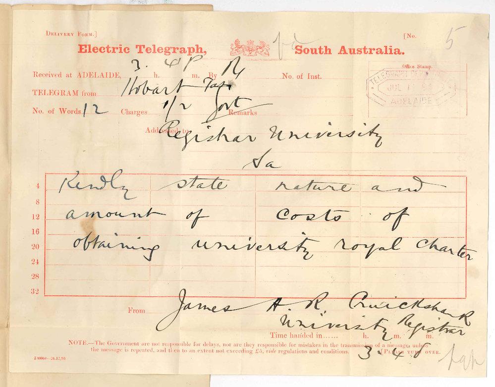 James Henry Robert Cruickshank - Registrar - University of Tasmania Hobart - Information regarding costs and nature of obtaining Royal Charter