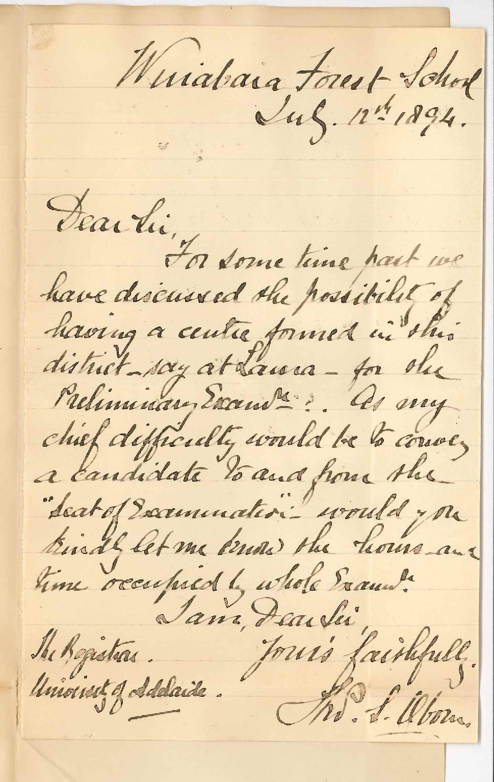 Thomas Symons Oborn - Public School Wirrabara Forest - Information regarding Preliminary Examination