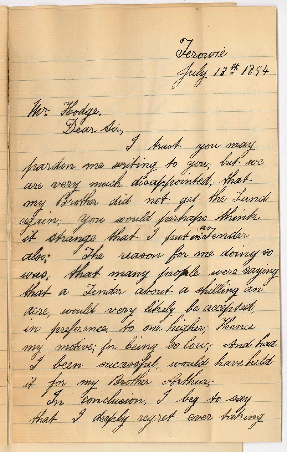 Crowhurst Brothers - J Crowhurst - Terowie - Acknowledges receipt of returned deposit - Very sorry they surrendered land etc