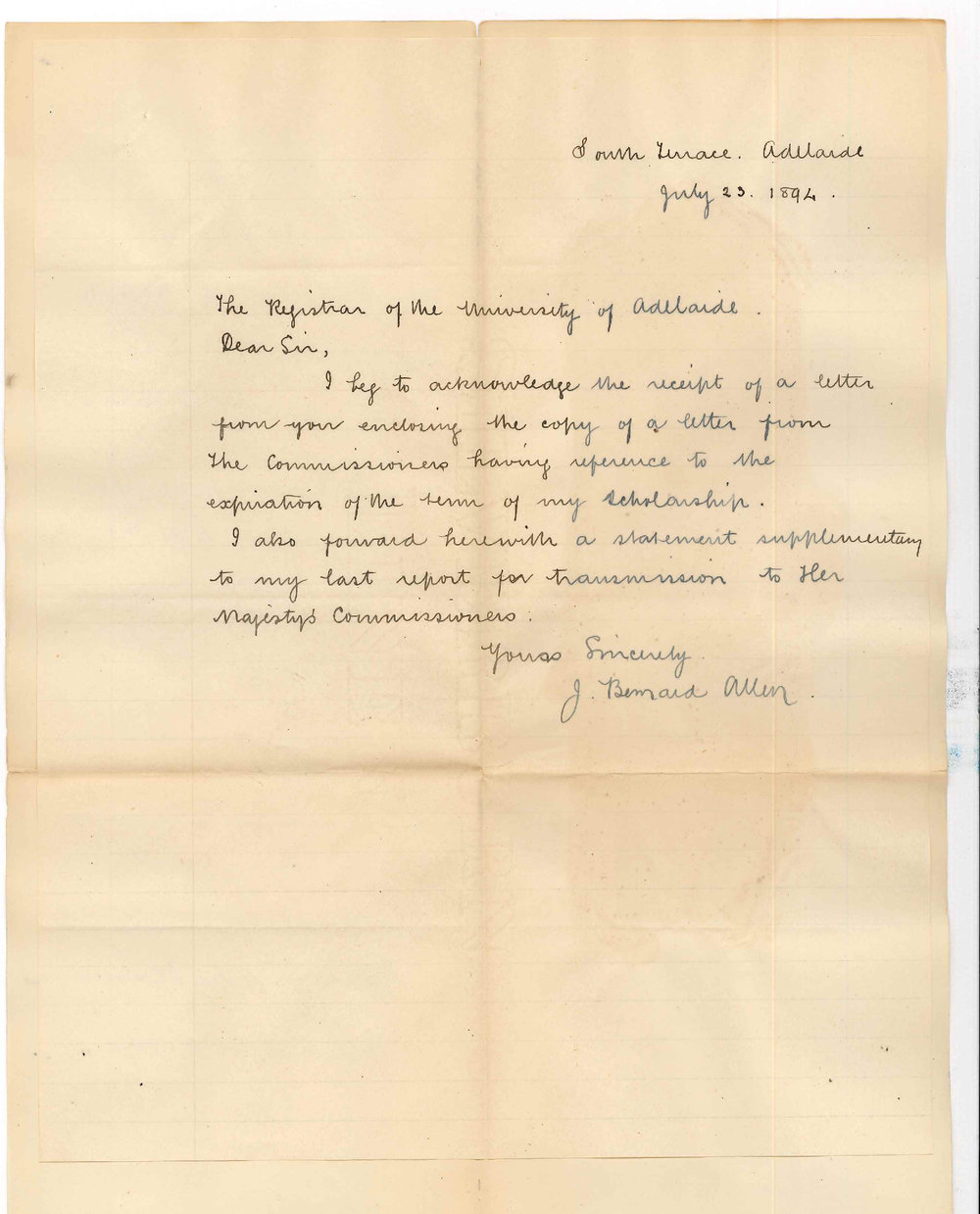 J Bernard Allen - South Terrace - Forwarding Final Report for Transmission to Her Majesty's Commissioners Exhibition 1851