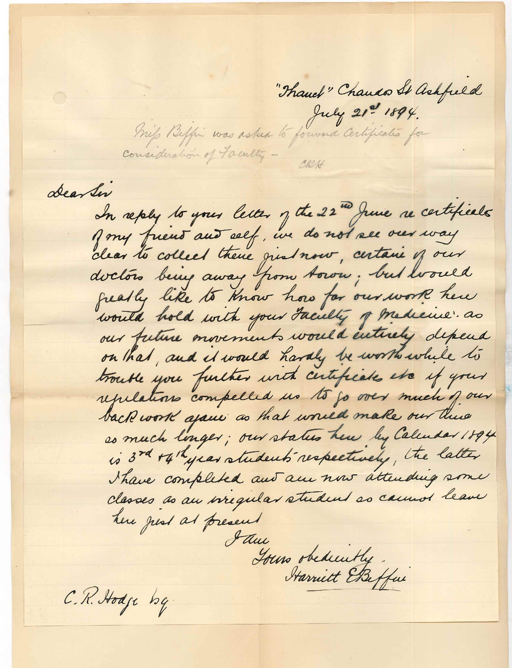 Miss Harriet E Biffin - Thanet Chandos Street Ashfield - Re admission ad eundem statum to MB Course