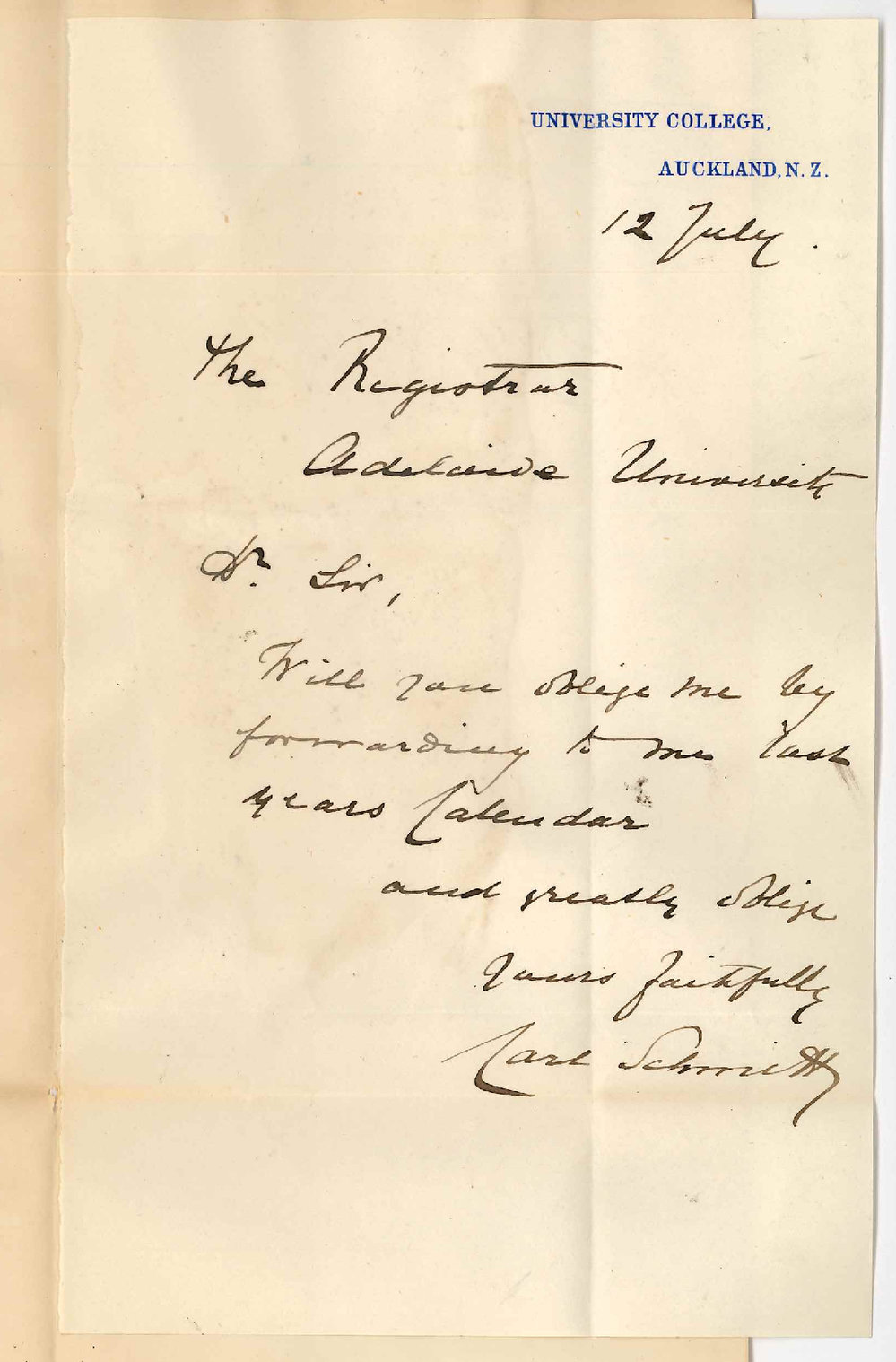 Carl Schmidt - University College Auckland N3 - Requests copy of Calendar for 1893