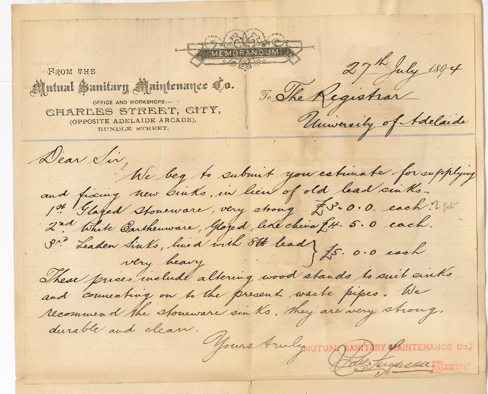 Sanitary Maintenance Company - Charles Street - Estimate for Sinks in Chemical Laboratory