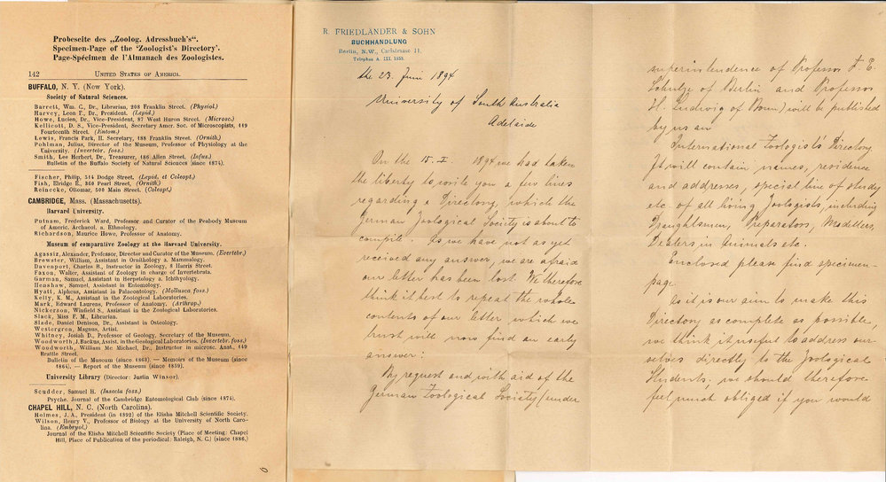 R Friedlander and Sohn - Berlin NW - Re list of persons interested in Zoology