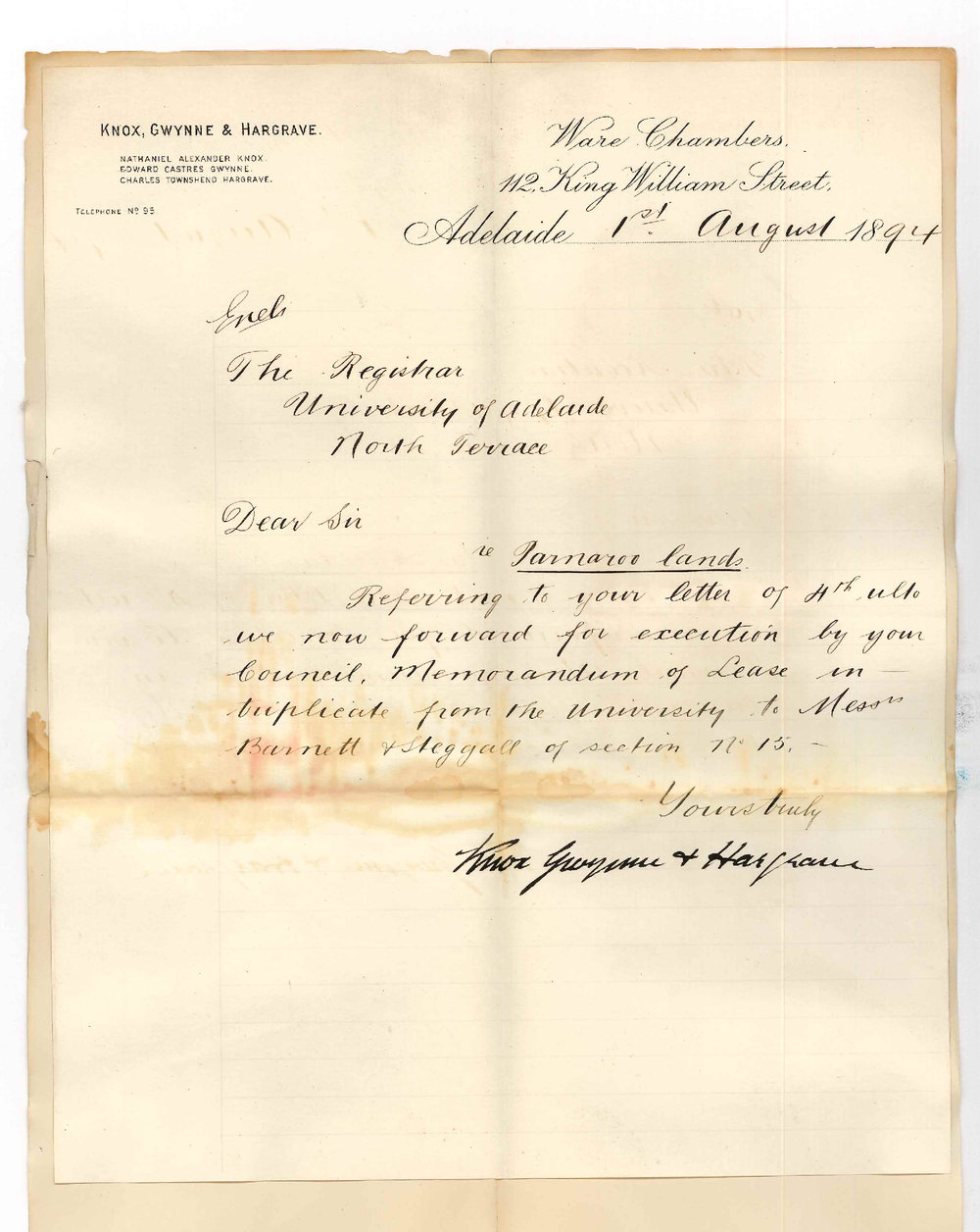 Knox Gwynne and Hargrave - King William Street - Forwarding Messrs Barnett and Steggalls lease for execution by the Council
