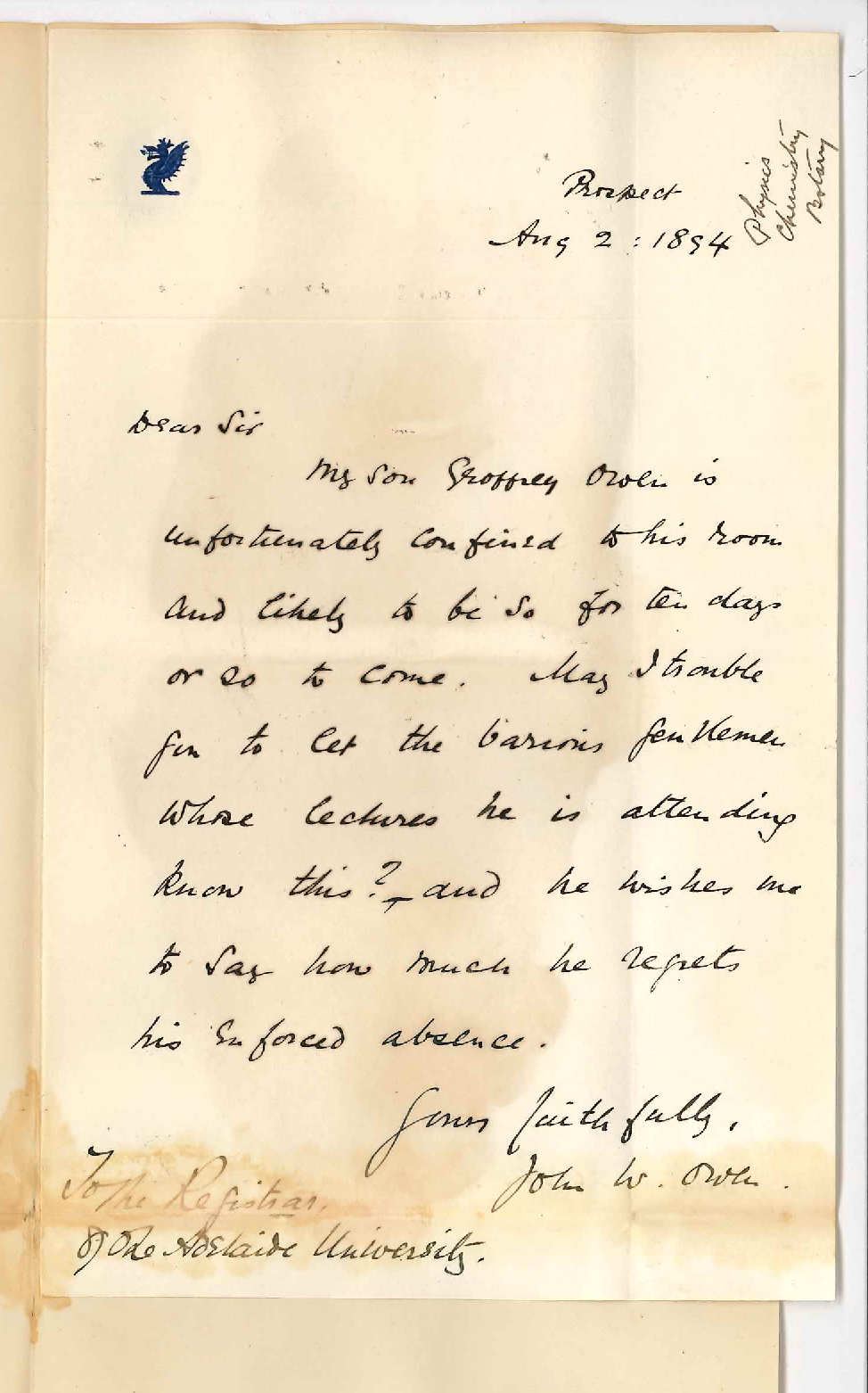Reverend John W Owen - Prospect - Illness of son - Unable to attend lectures