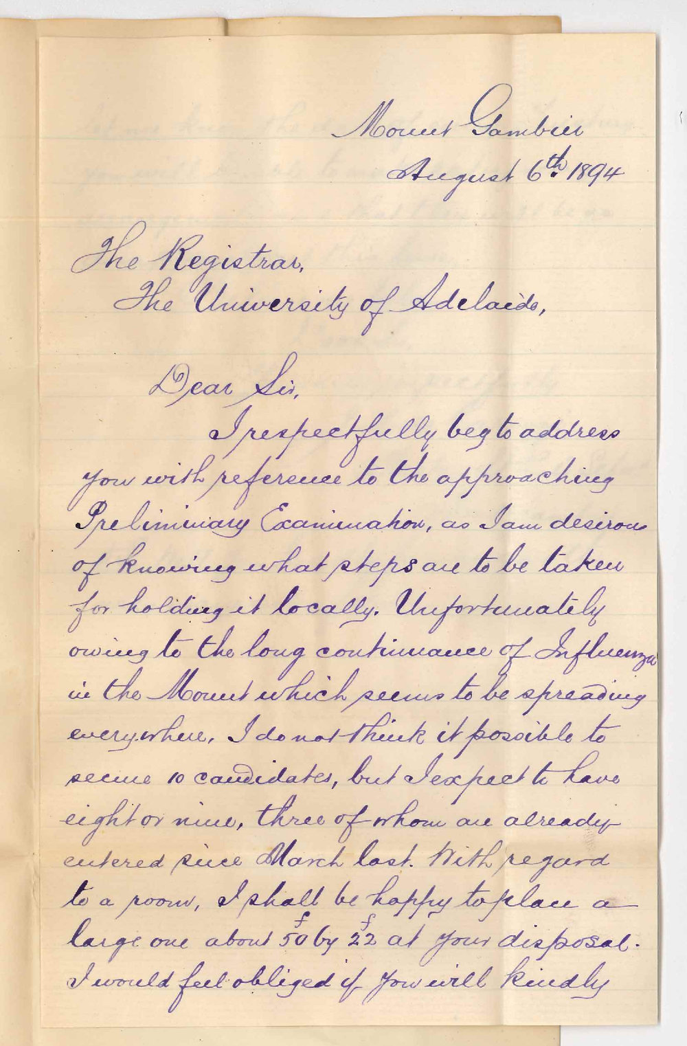 Julius Carozzi - St Pauls School Mount Gambier - Number of Candidates who will present themselves for Exam at Mount Gambier forthcoming Preliminary Exam