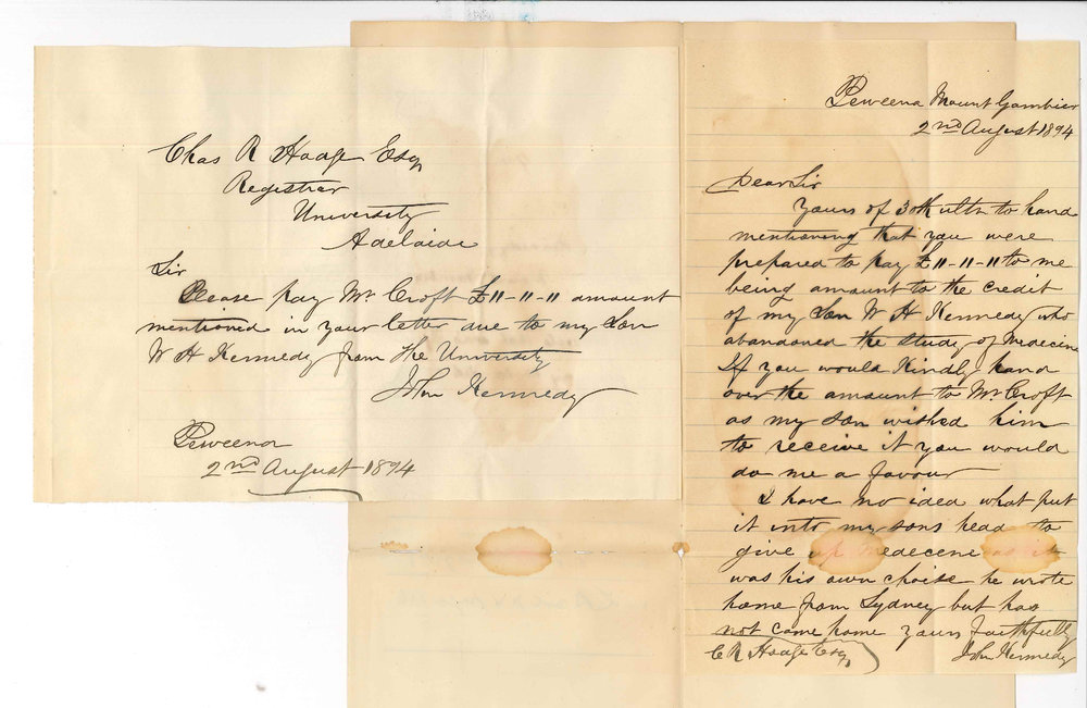 John Kennedy - Peweena Mount Gambier - Requests that Son's Refund of Fees be Handed to Mr Croft