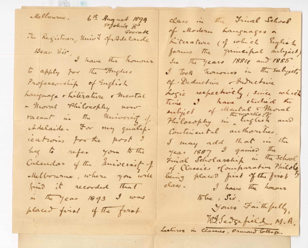 Walter John Sedgefield - St Johns Road Toorak Victoria - Application for Hughes Professorship of English Language and Literature and Mental and Moral Philosophy