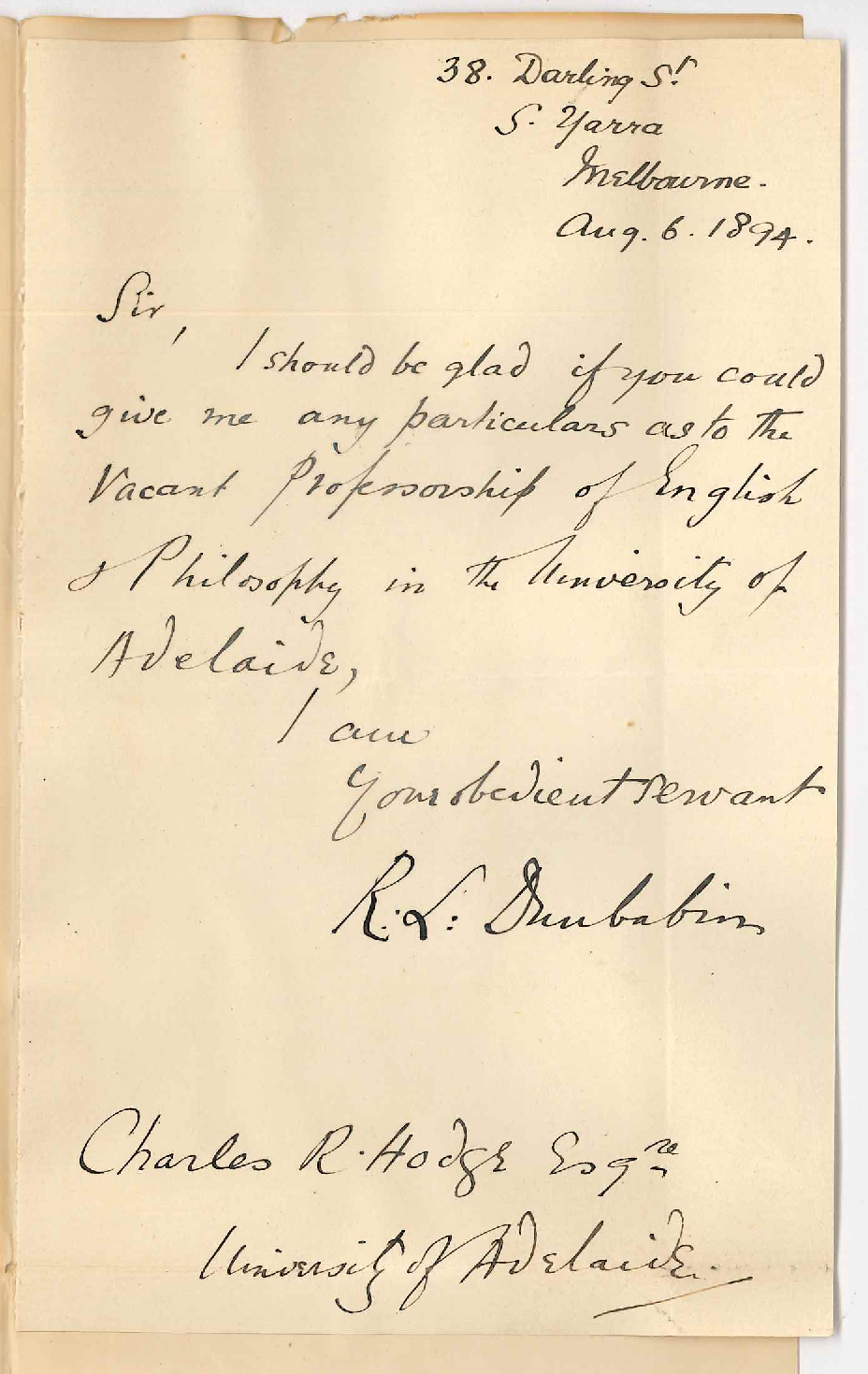 RL Dunbabin - 38 Darling Street S Yarra Melbourne - Information regarding Hughes Professorship of English etc