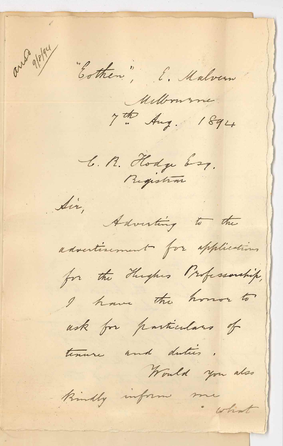 Robert Craig - Eothen - East Malvern Melbourne - Information regarding the Hughes Professorship of English etc