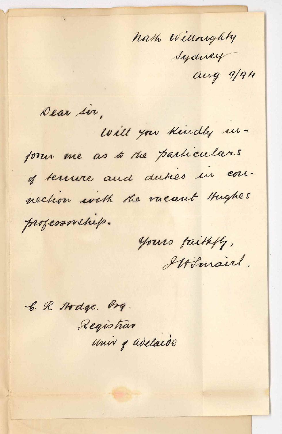 JH Smairl - North Willoughby Sydney - Information concerning the Hughes Professorship of English etc