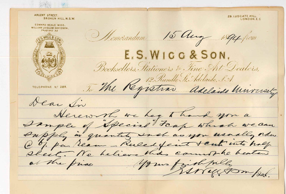ES Wigg and Son - Rundle Street City - Sample and price of Special line of foolscap for Examinations