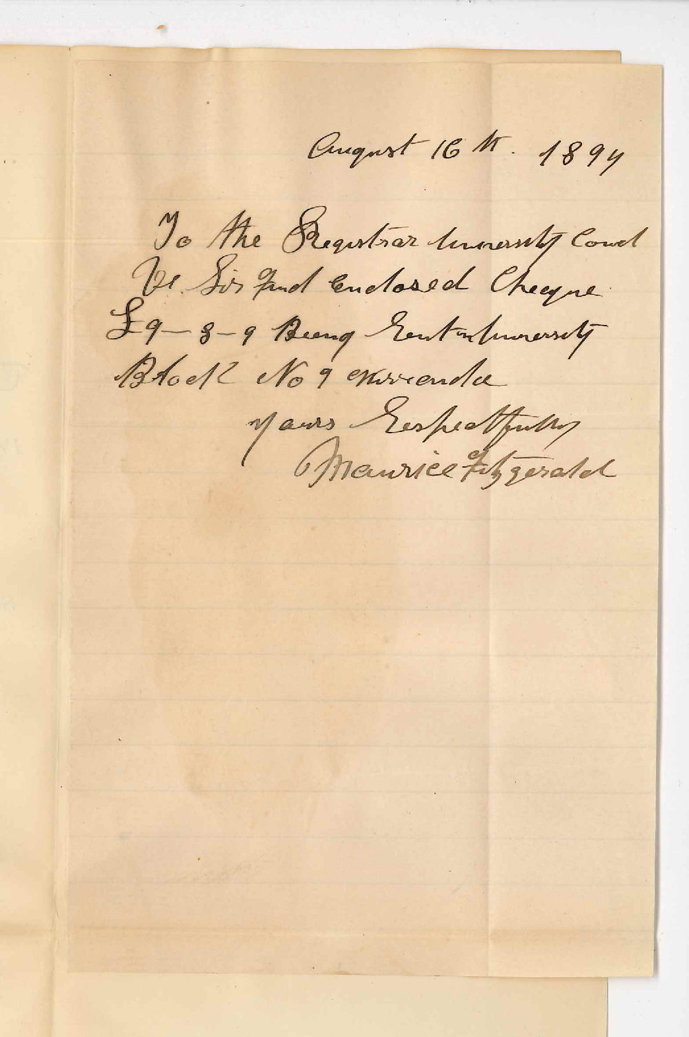 Maurice Fitzgerald - Wirreanda - Payment of rent for Patrick Gillick