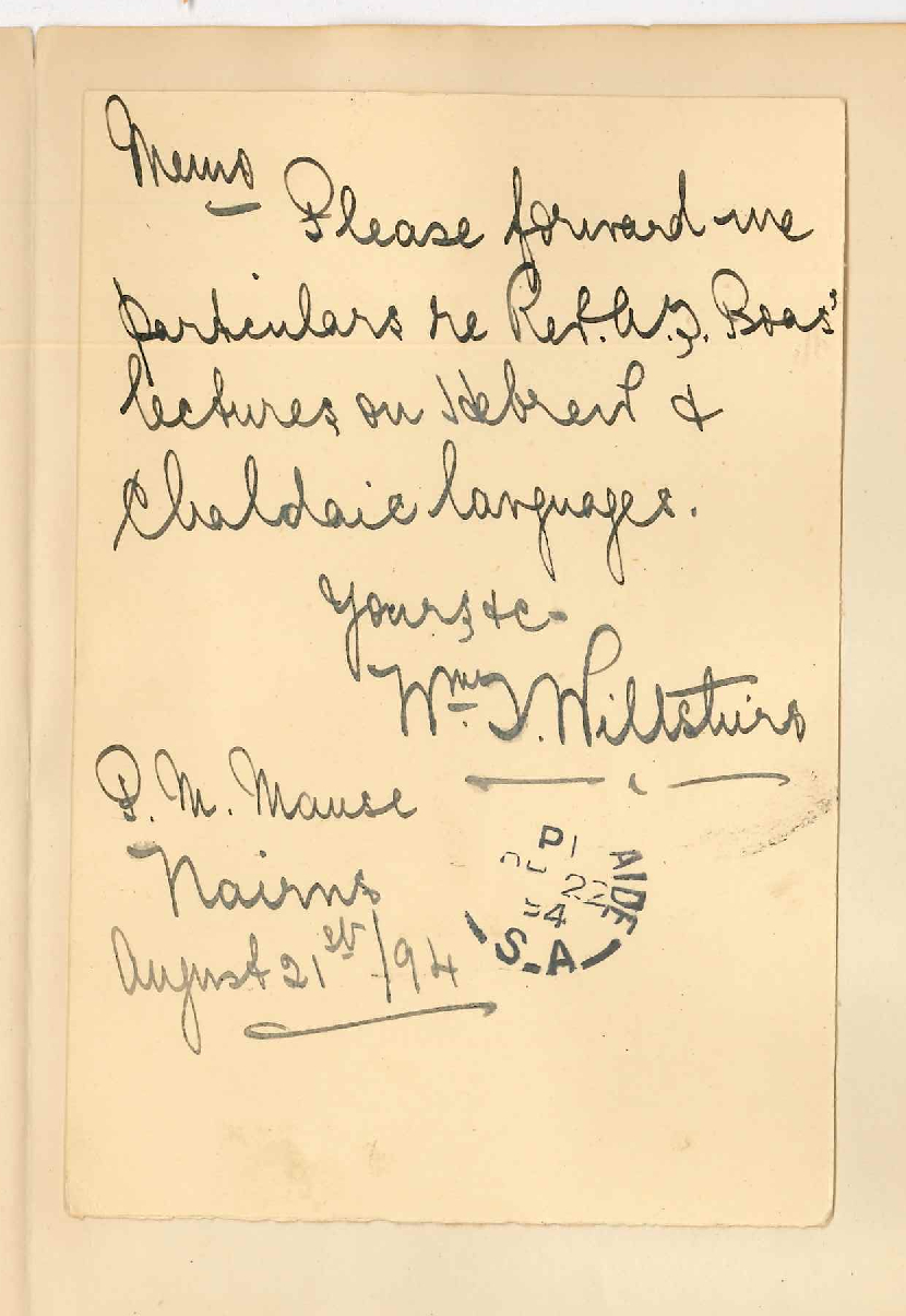 William T Wiltshire - Primitive Methodist Manse - Nairne - Particulars regarding Hebrew lectures