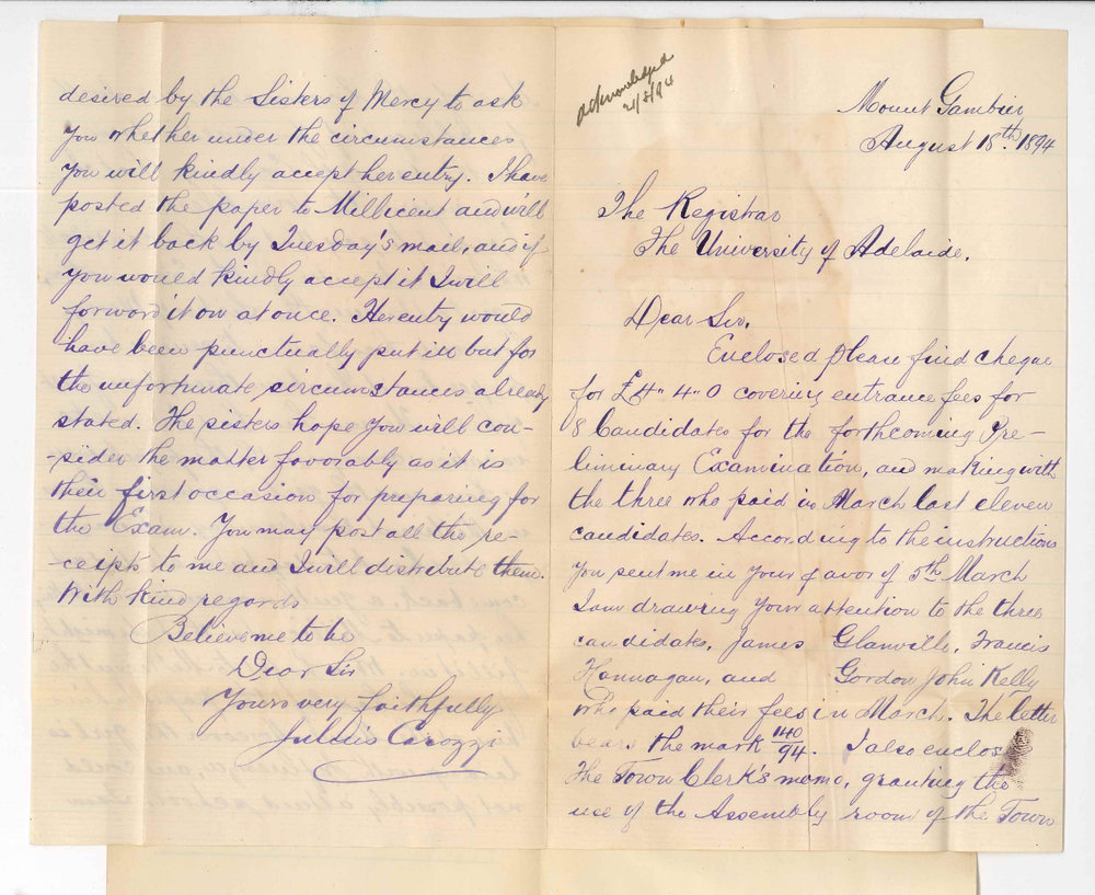 Julius Carozzi - Mount Gambier - Arrangements for Preliminary Exam at Mount Gambier and re the admission of a late entry without payment of fine