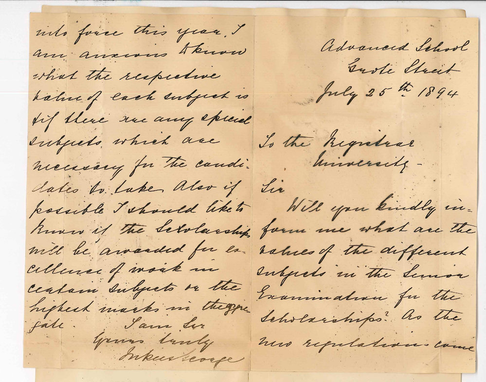 Miss Madeline Rees George - Grote Street - information regarding 1895 scholarships examination