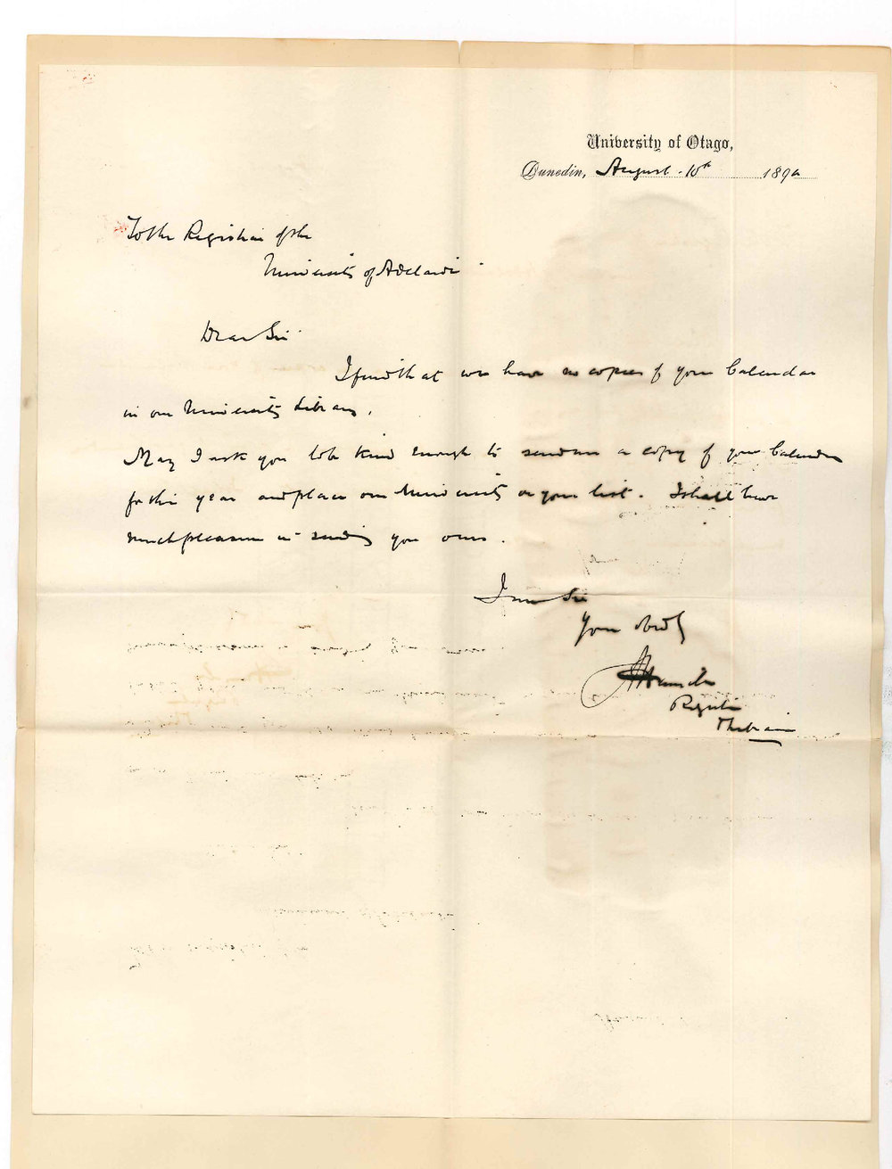 J Hamilton - Registrar - University of Otago - Dunedin New Zealand - Requests Copy of the University Calendar