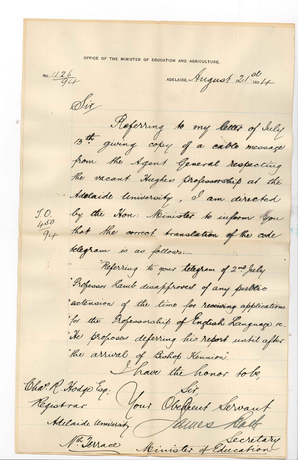 The Hon Minister of Education - General Post Office - Correct translation of code telegram received from the Agent General regarding the vacant Hughes Professorship of English etc