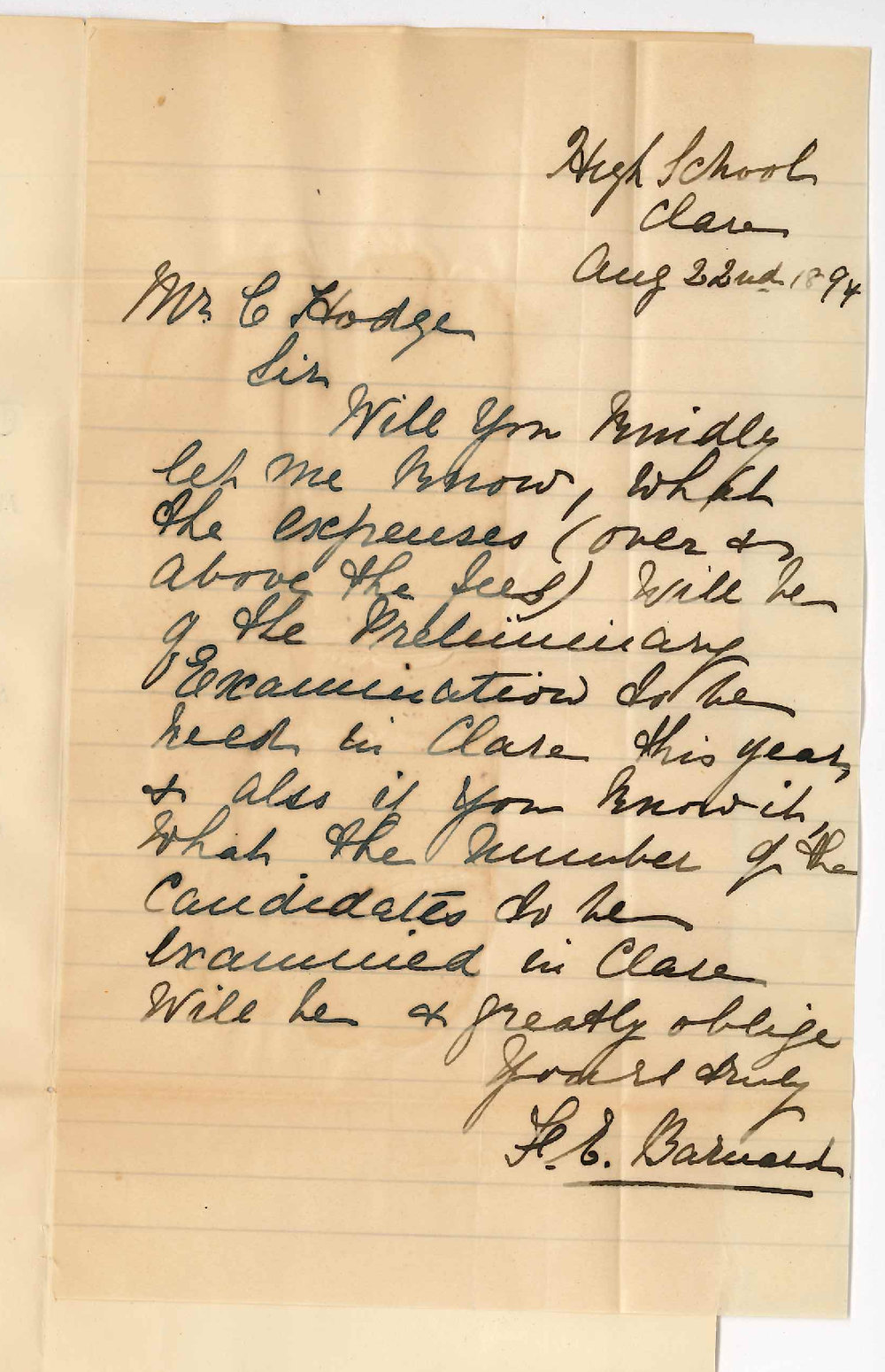 Mrs F E Barnard - High School Clare - Wishes Information Concerning the Expenses of Local Preliminary Examination at Clare