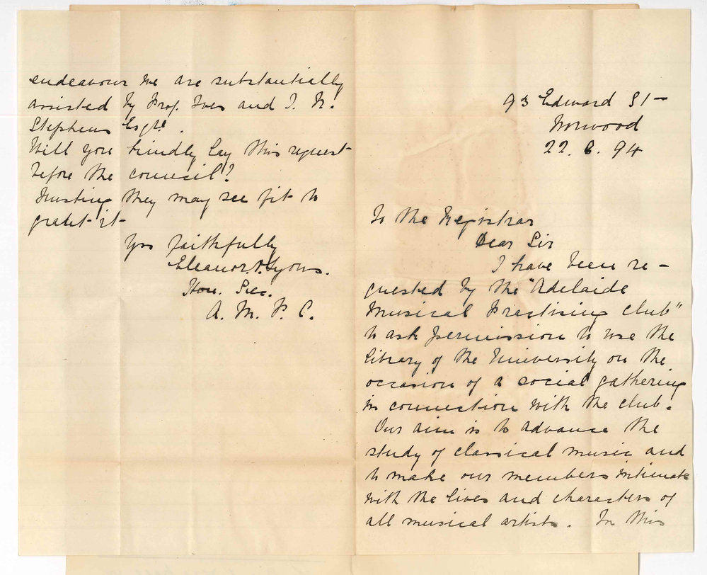 Miss Eleanor Lyons - Norwood - Requests Permission on Behalf of the Adelaide Musical Practicing Club for Use of Library for Social