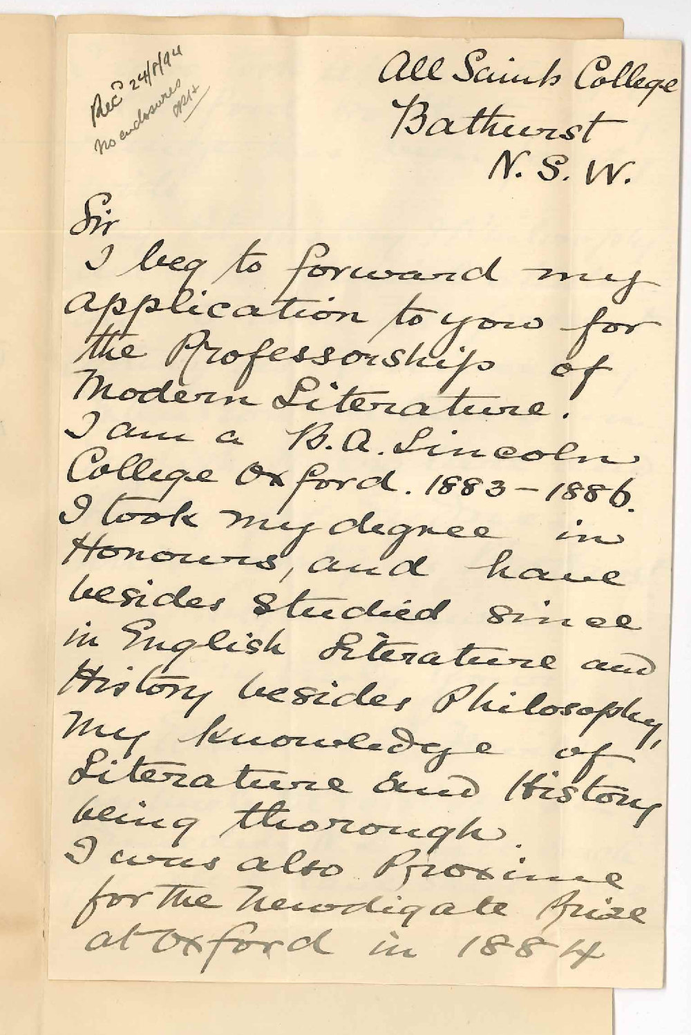 Edmund R Nevill - All Saints College - Bathurst - Application for Hughes Professorship of English Language and Literature and Mental and Moral Philosophy