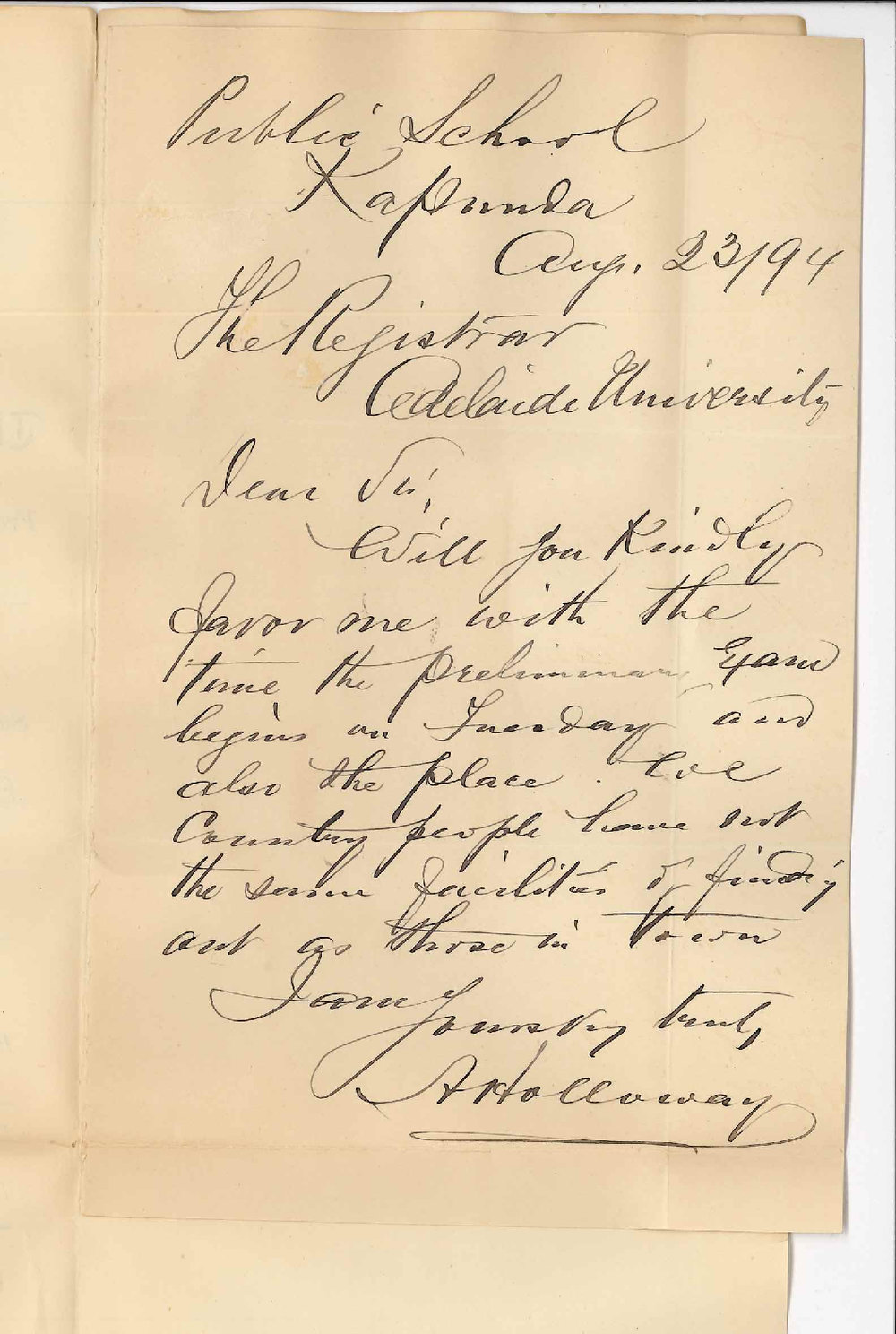 A Holloway - Public School Kapunda - Requests Timetable Preliminary Exam September 1894