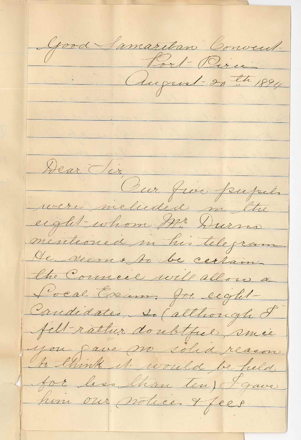 Sister M Gabriel - Good Samaritan Convent - Port Pirie - Re local Preliminary Examination at Port Pirie for eight Candidates