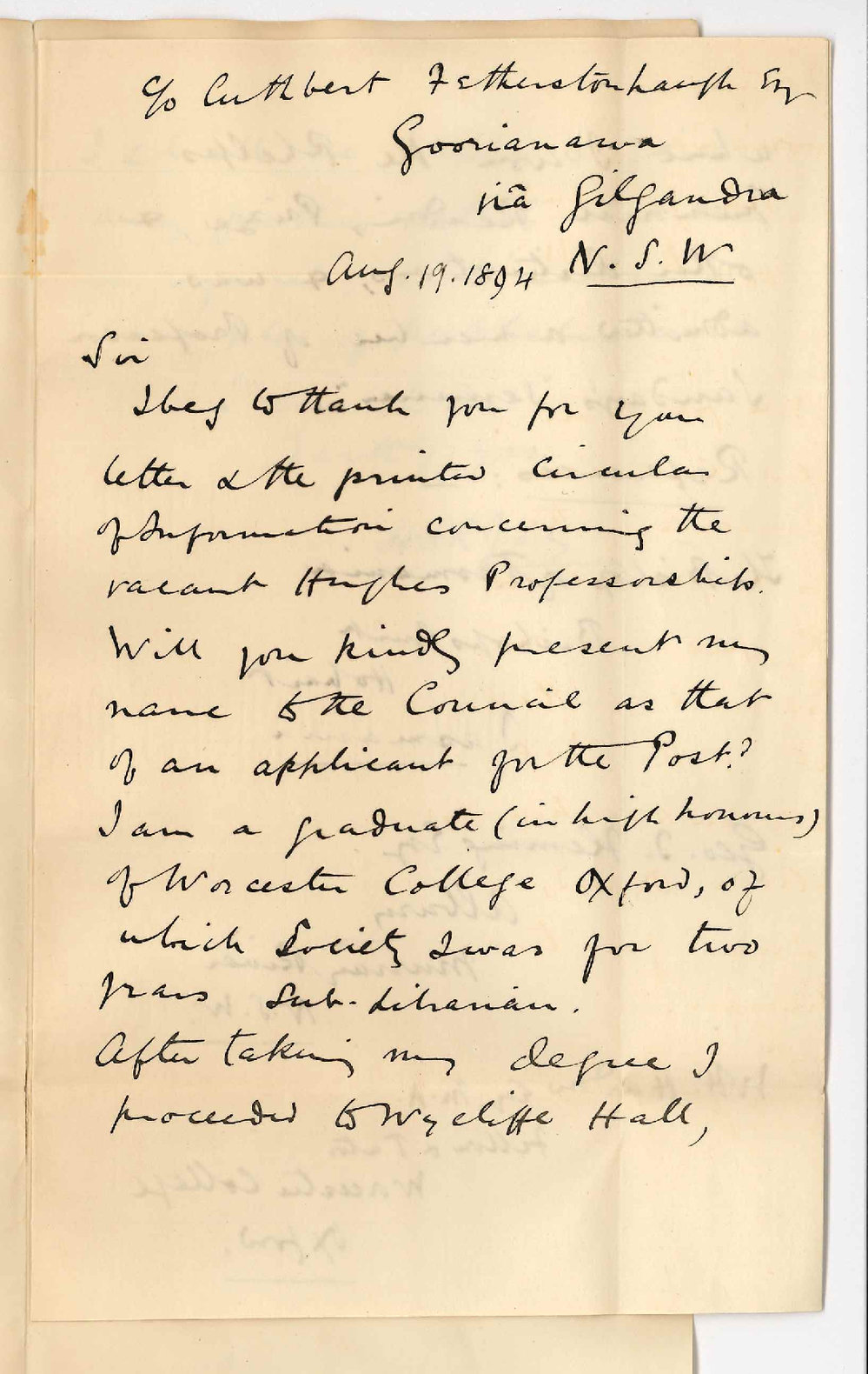 HAR Joy - c/o Cuthbert Fetherstonhaugh Esq - Goorianawa via Gilgandra - Application for Hughes Professorship of English Language and Literature and Mental and Moral Philosophy