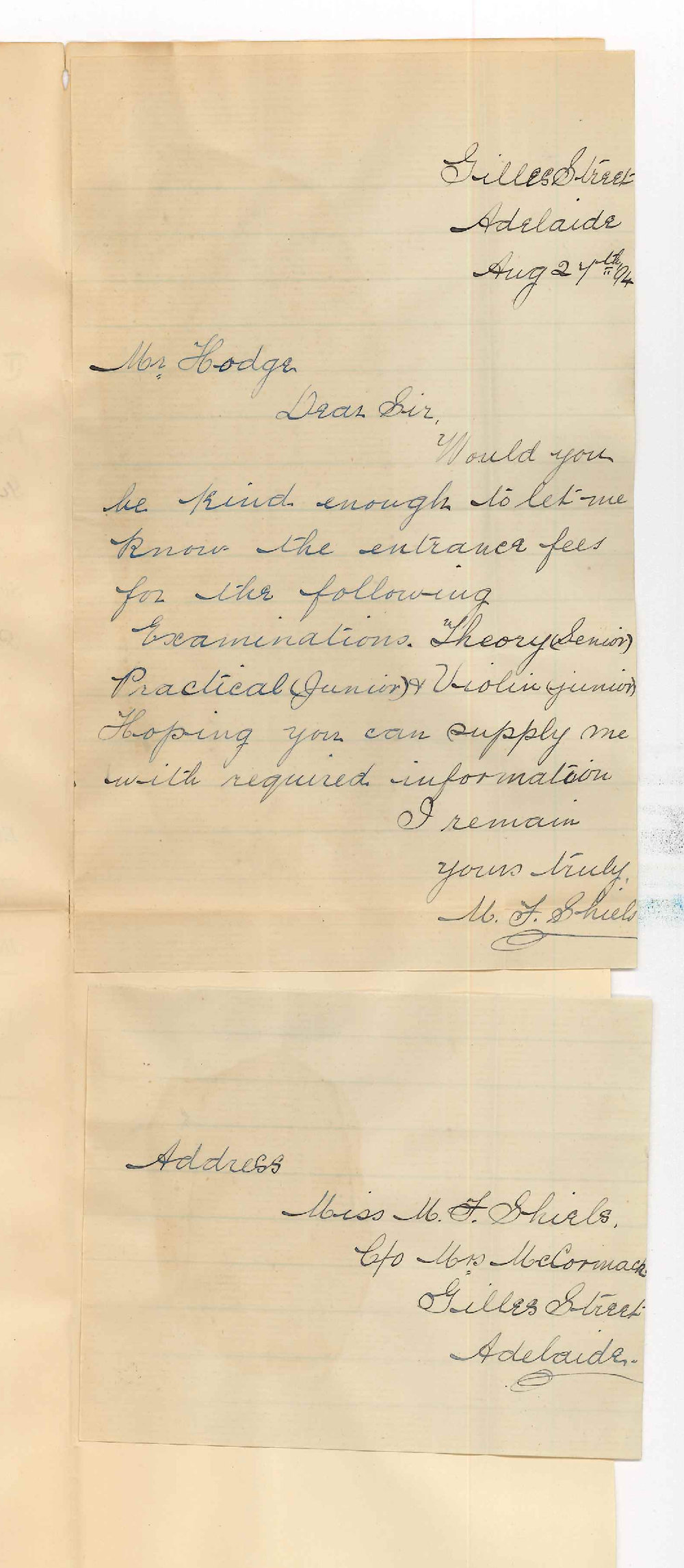Miss Mary Frances Shiels - Mrs McCormack - Gilles Street Adelaide - Information Regarding Practice of Music Examinations