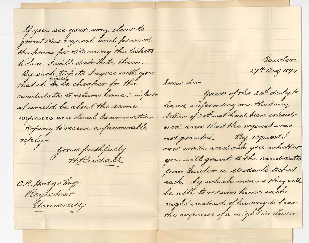 H Rudall - Gawler - Requests on Behalf of Preliminary Candidates at Gawler They be Granted Railway Passes