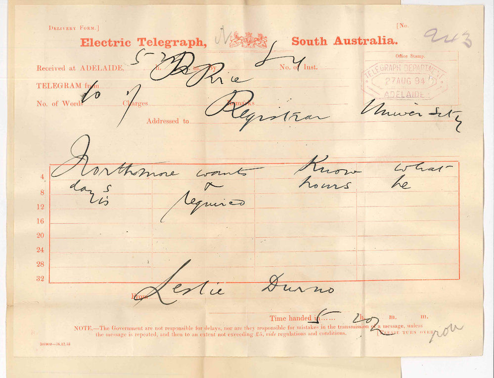 Reverend Leslie Durno - Port Pirie - Mr Northmore Supervisor Preliminary Exam wishes to know days and hours he is required