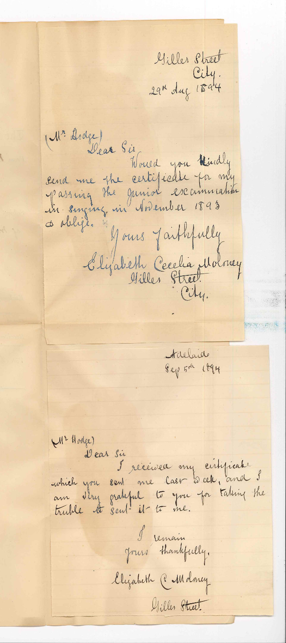 Miss Elizabeth C Moloney - Gilles Street City - Requests Junior Practice of Music Certificate